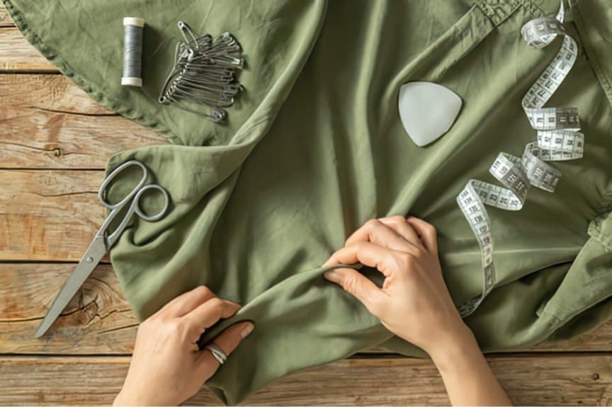 Hands pinning green cloth laid out with chalk, a measuring tape and scissors