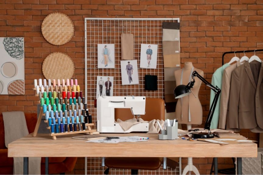 Sunlit design studio with fashion sketches, fabric samples and a sewing machine